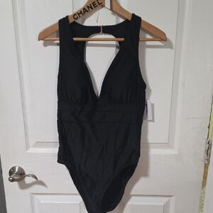 Black One-Piece Swim Suit - Classic V-Neck
